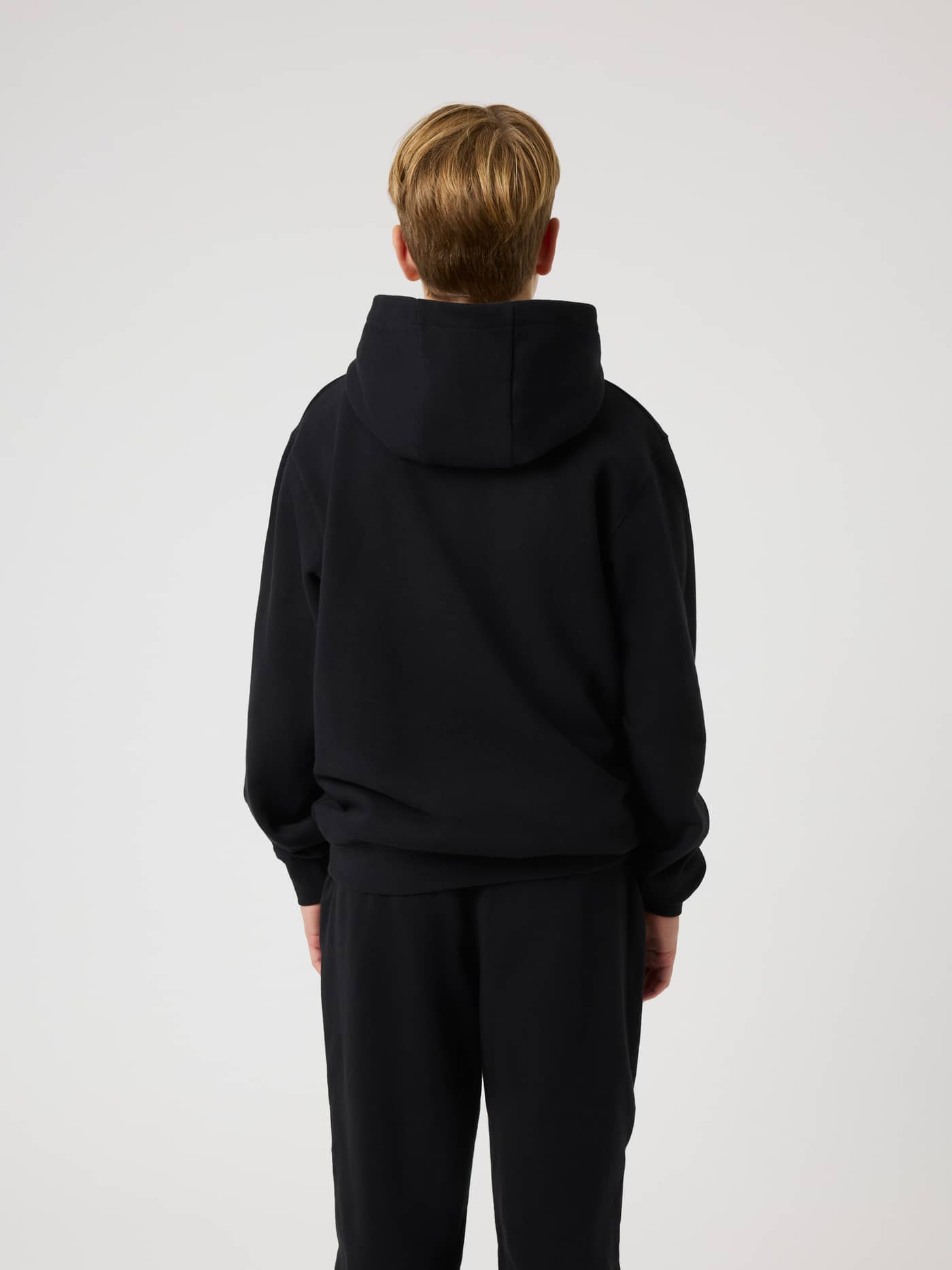 Back view of the kids' Borg Classic Hoodie in Black Beauty (Black), crafted from premium soft French terry fabric. - Image 2