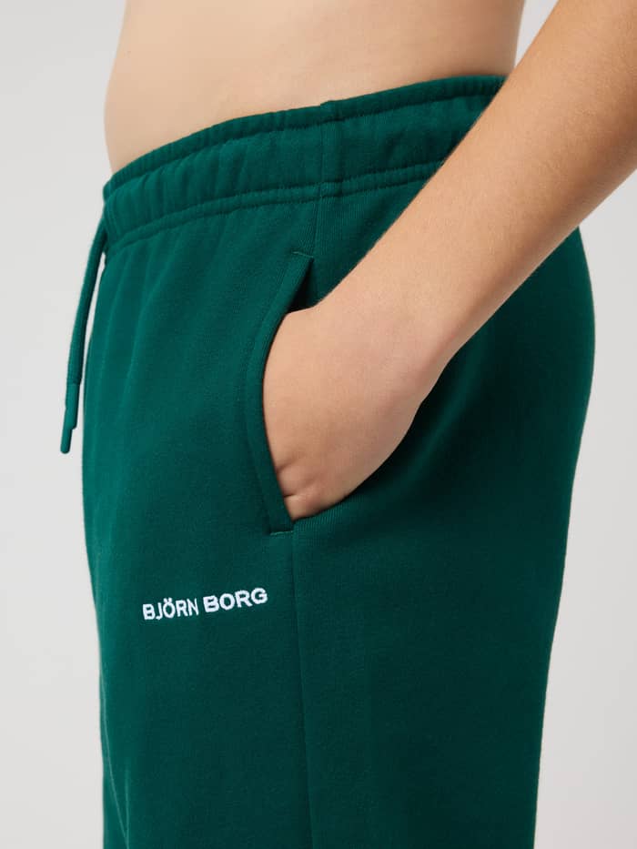 Kids Borg Classic Sweatpants in Rain Forest (Green) showing the side pocket detail and white logo. - Image 4