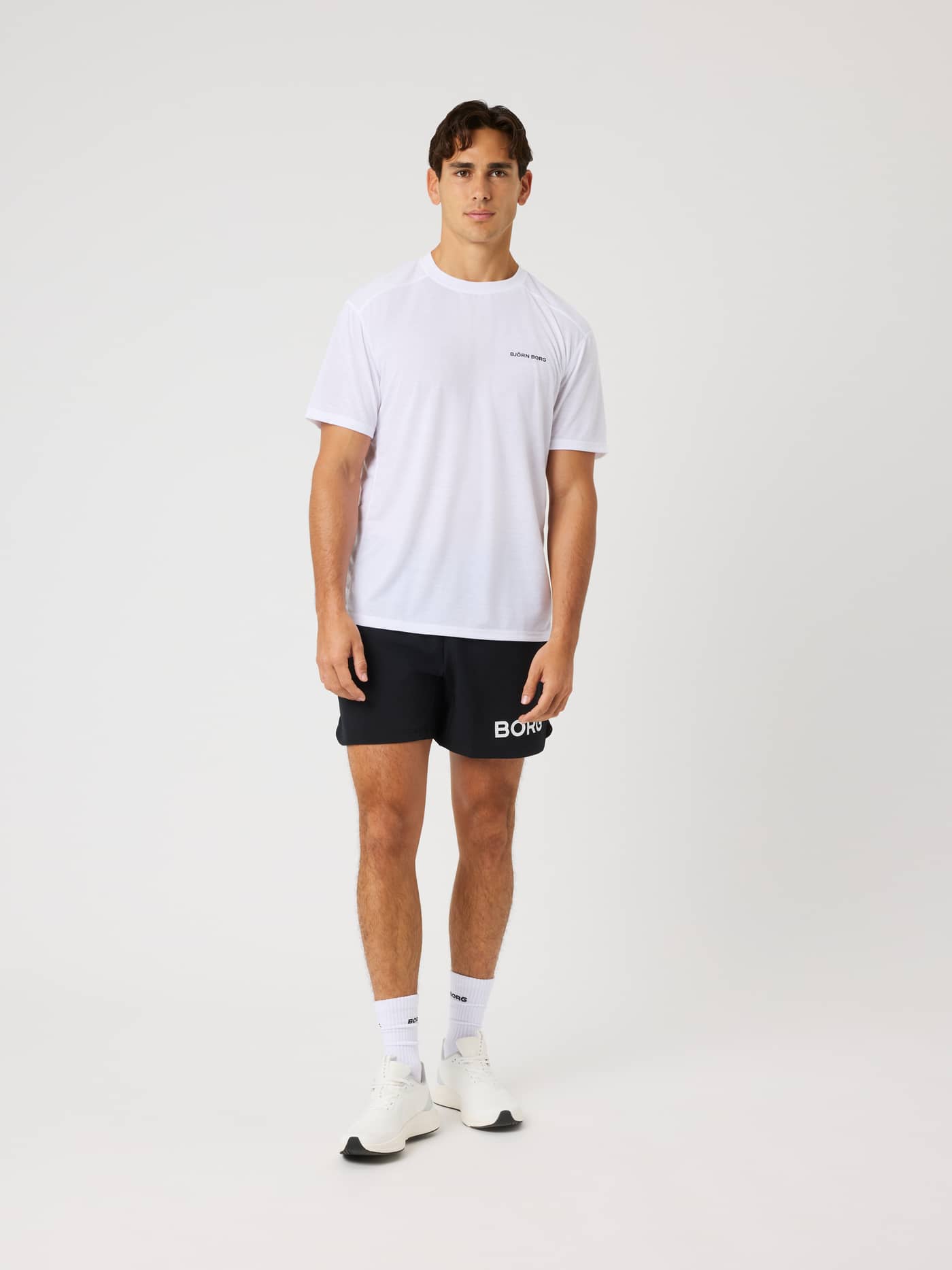 Full-body front view of a model wearing the Borg Soft Sports T-Shirt in Brilliant White (White) for training. - Image 3