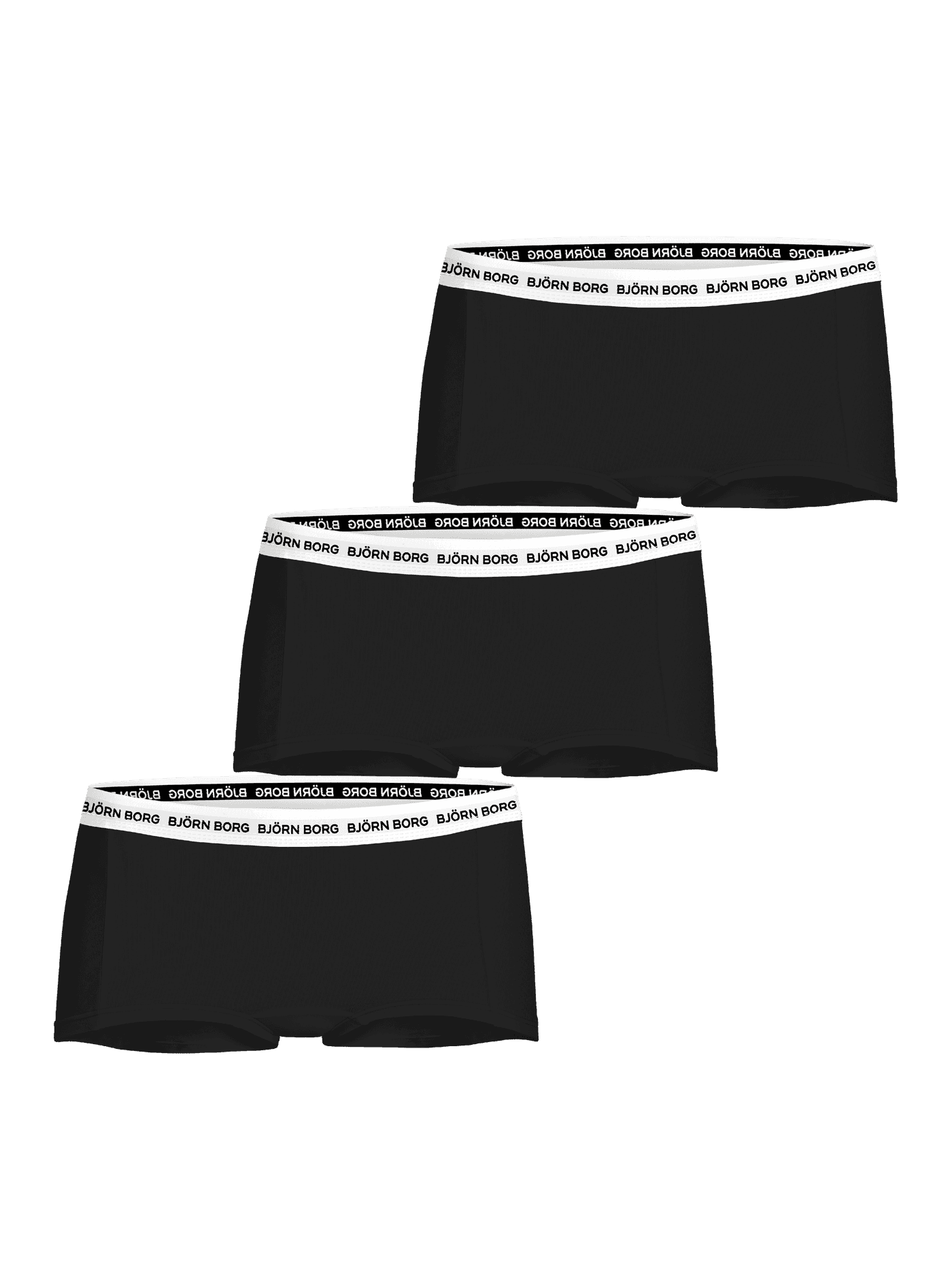 The Cotton Stretch Logo Boxers Shorts 3-pack in solid black, showing the minishorts design and white logo waistbands. - Image 1