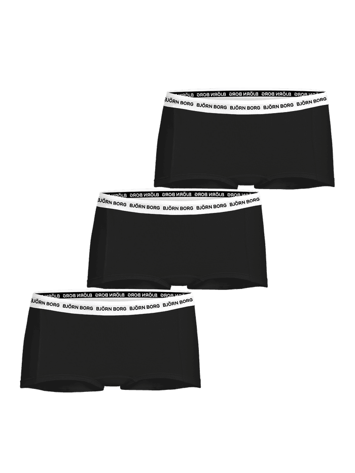 The Cotton Stretch Logo Boxers Shorts 3-pack in solid black, showing the minishorts design and white logo waistbands.