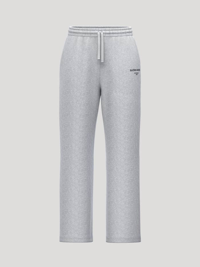 Borg Essential 1 Straight Sweatpants in Light Grey Melange (Grey) featuring a black logo and adjustable drawstring waist.