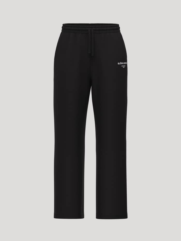 Borg Essential 1 Straight Sweatpants in Black Beauty (Black) feature a straight-leg fit and white logo on the hip.