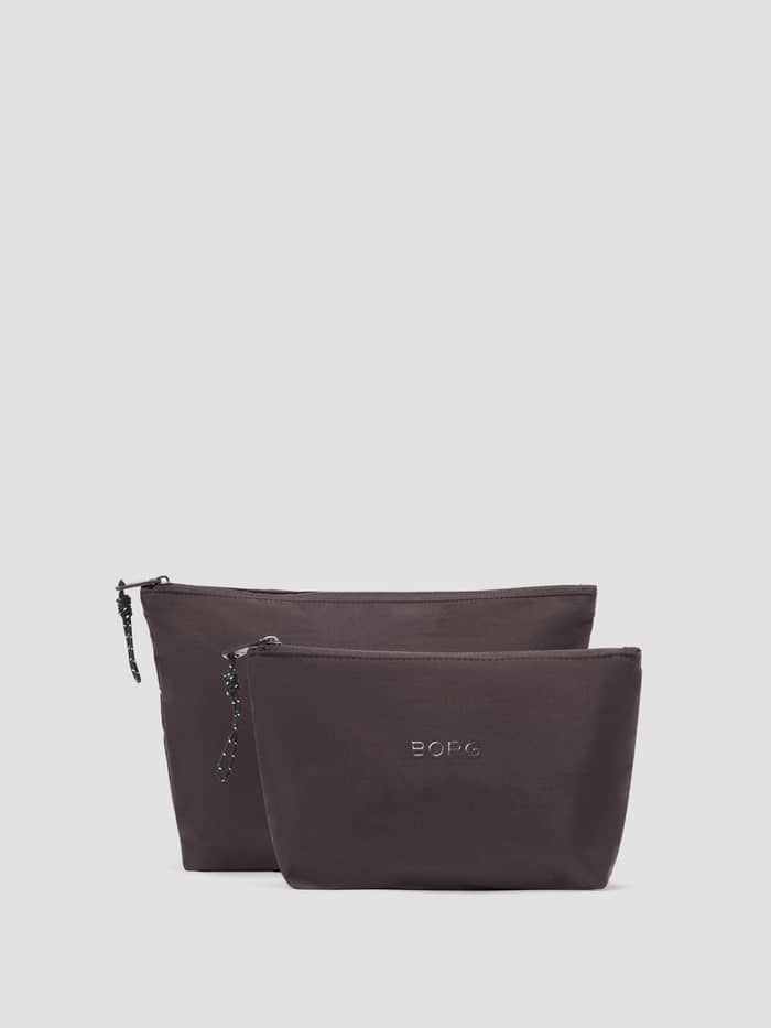 Studio Active Wash Bag Set in Coffee Bean (Brown) with zipper closures and a Borg logo for organized training essentials.