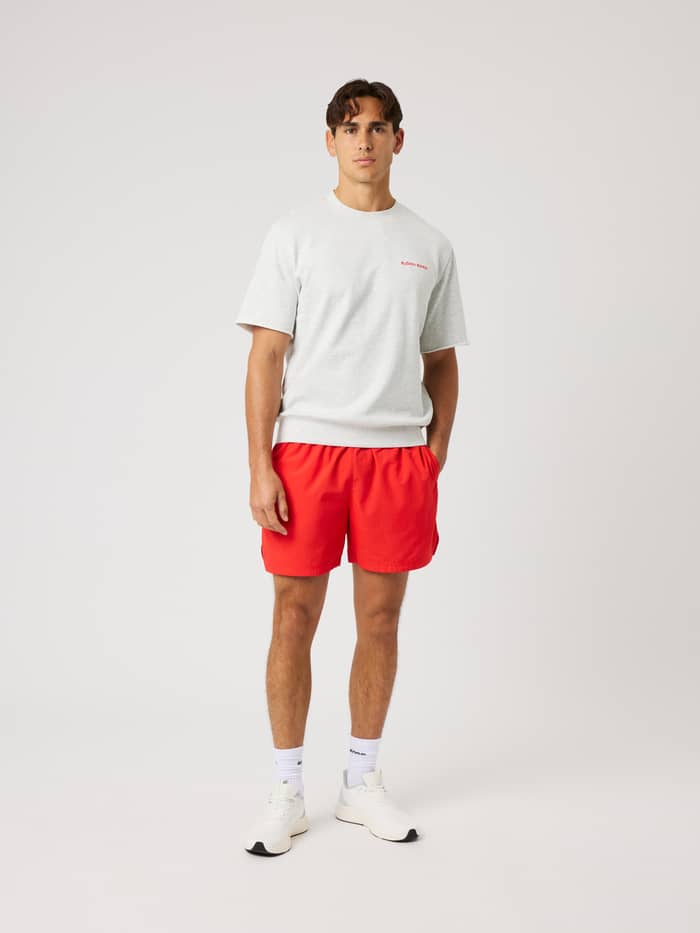 Vooraanzicht van een model in het Borg Oversized Short Sleeve Sweatshirt in Ultra Light Grey Melange (Grijs) met rood logo. - Image 4