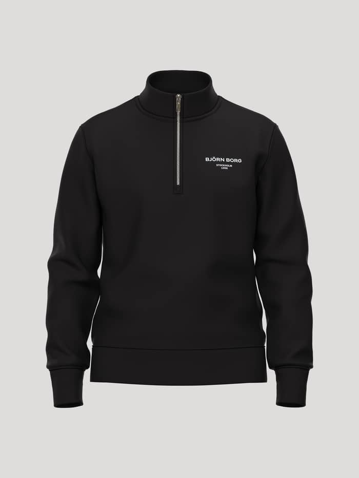 Vorderansicht des Borg Essential 1 Half Zip in Black Beauty (Schwarz) mit silbernem Reißverschluss und weißem Brustlogo.