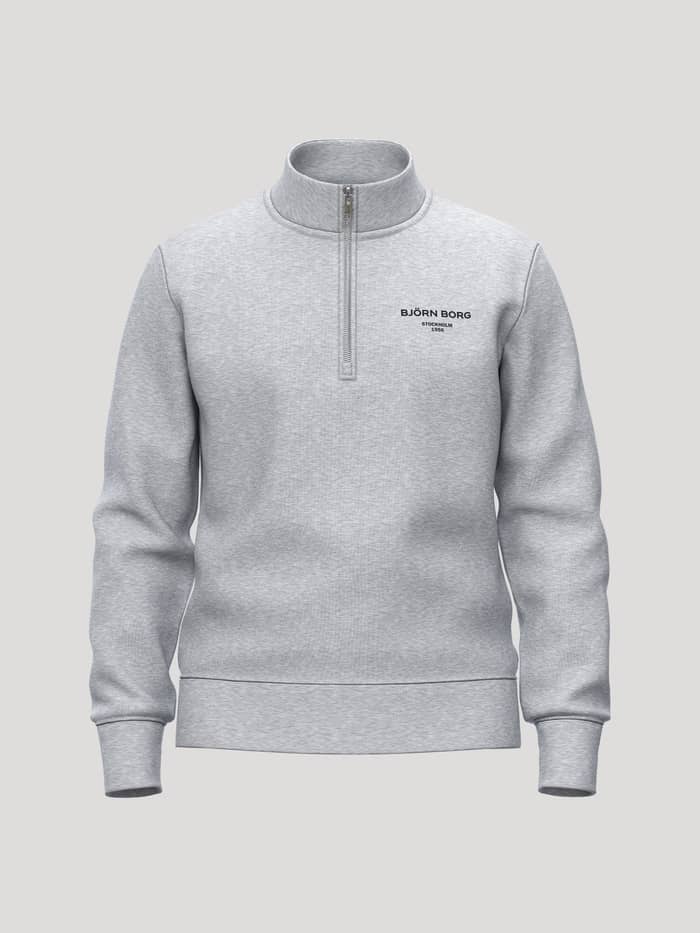 Vorderansicht: Borg Essential 1 Half Zip in Light Grey Melange (Grau) aus weichem, angerautem Fleece mit schwarzem Brustlogo.