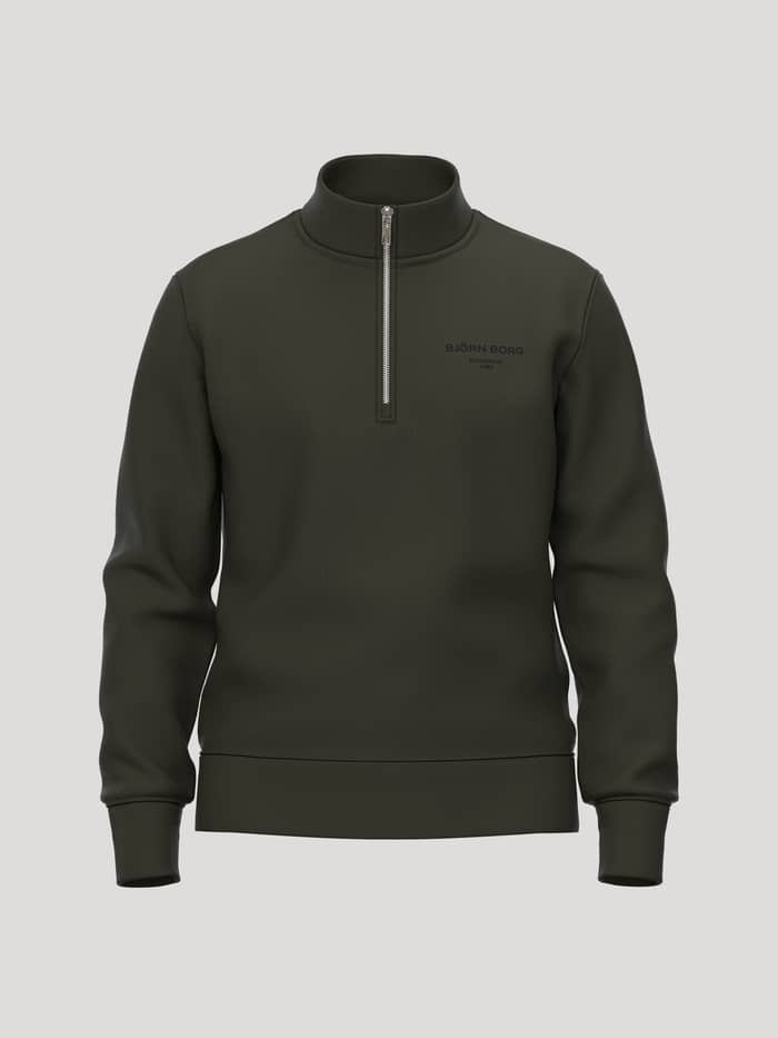 Vue de face du Borg Essential 1 Half Zip en Rosin (Vert) en polaire douce avec zip métallique et logo noir.