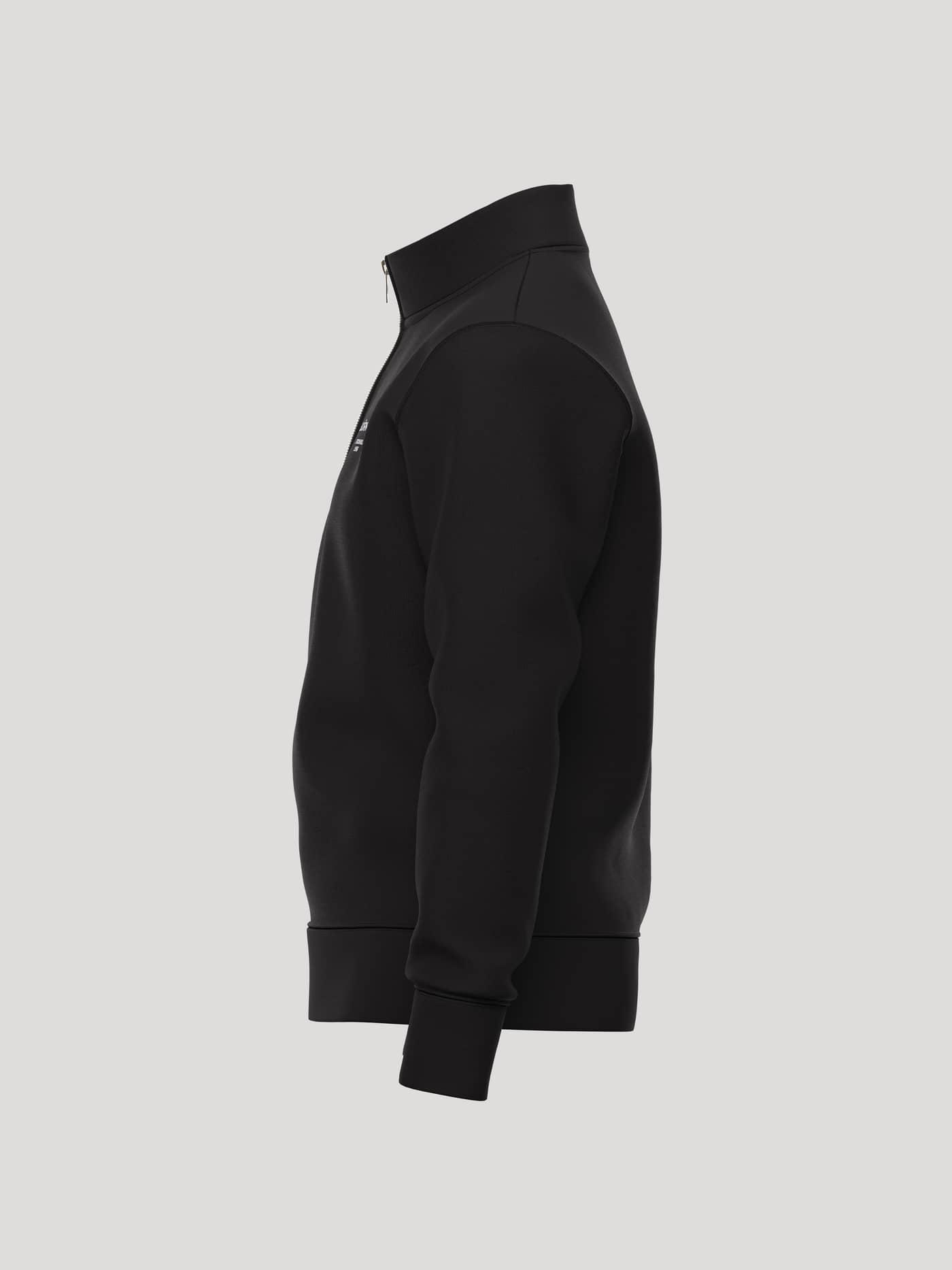 Side view of the Borg Essential 1 Half Zip in Black Beauty (Black) featuring a white logo and soft fleece fabric. - Image 3