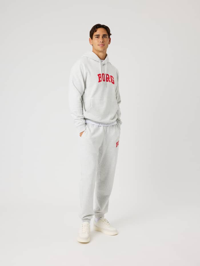 Borg Classic Print Hoodie in Ultra Light Grey Melange (Grey) with a red chest logo in a full-body view for training. - Image 3