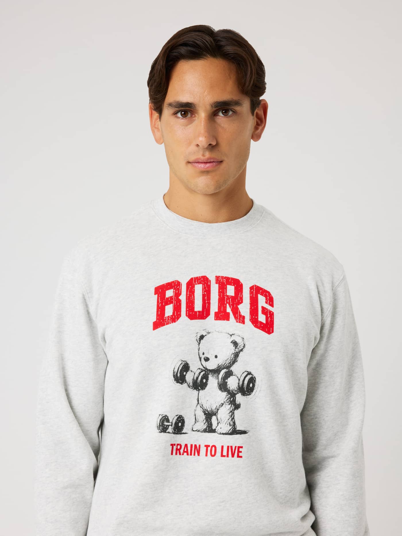 Front view of a model in the Borg Classic Print Sweatshirt in Ultra Light Grey Melange (Grey) with a training graphic. - Image 5
