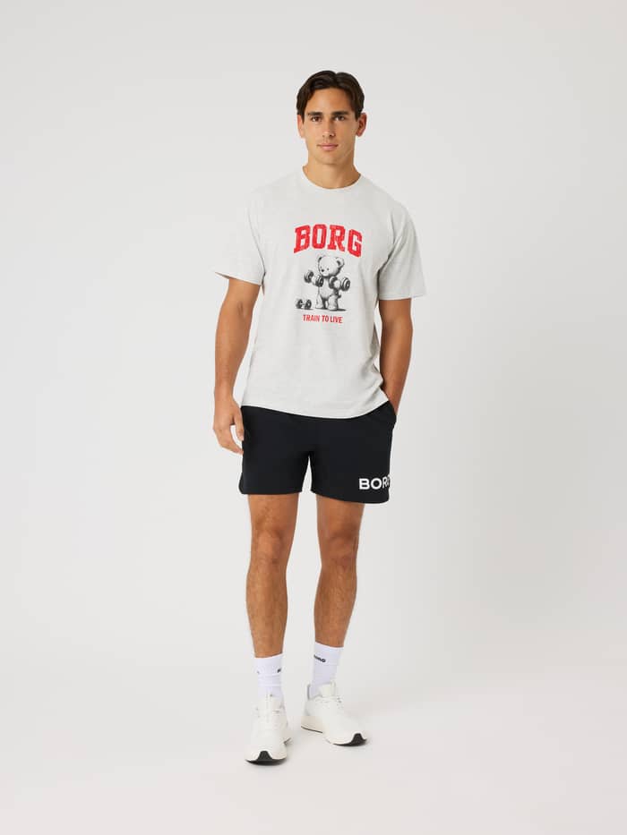 Borg Classic Print T-Shirt in Ultra Light Grey Melange (Grijs) met rode print voor training, volledig vooraanzicht. - Image 2