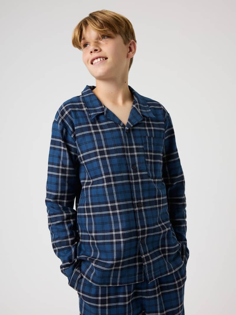 Front view of the Core Flannel Pyjama Shirt in Forest Tartan 4 (Blue) for kids, featuring a classic plaid pattern.