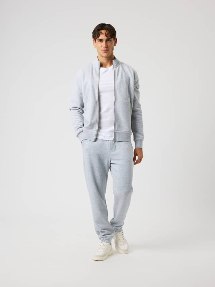 Full-body front view of a model in the Centre Full Zip Sweatshirt in Light Grey Melange (Grey) for a premium leisure look. - Image 3