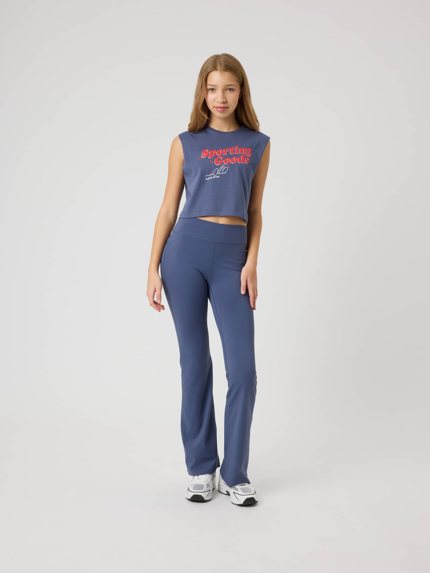 Kids Borg Cropped Tank Top in Nightshadow Blue (Blue) with a red chest logo, designed for a functional training look. - Image 4