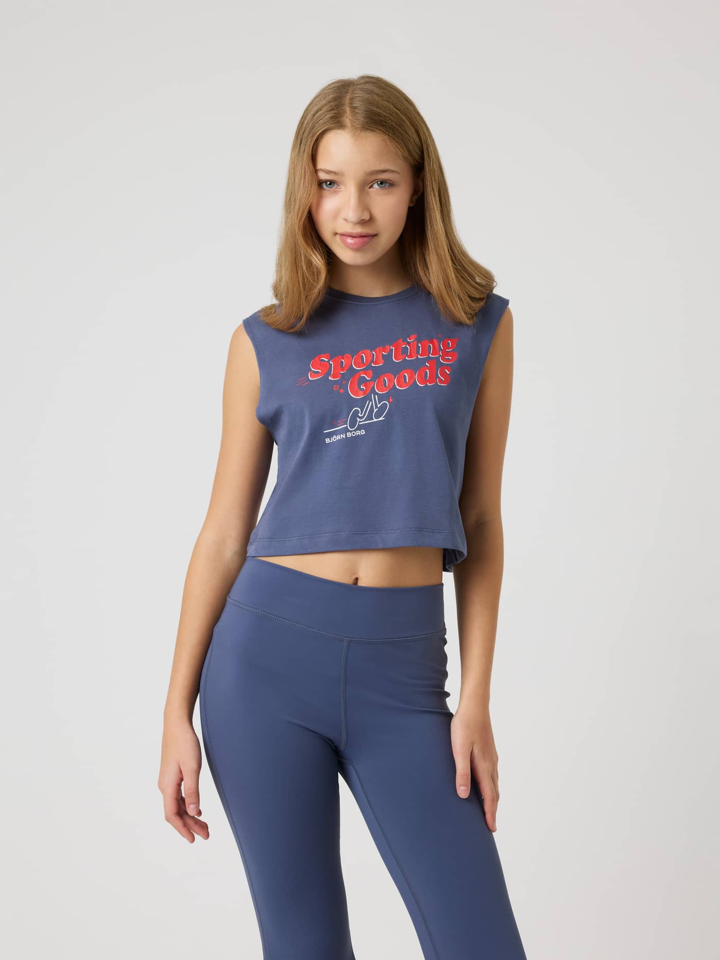 Vista frontal de niños con el Borg Cropped Tank Top en Nightshadow Blue (Azul) y estampado gráfico para entrenamiento. - Image 1