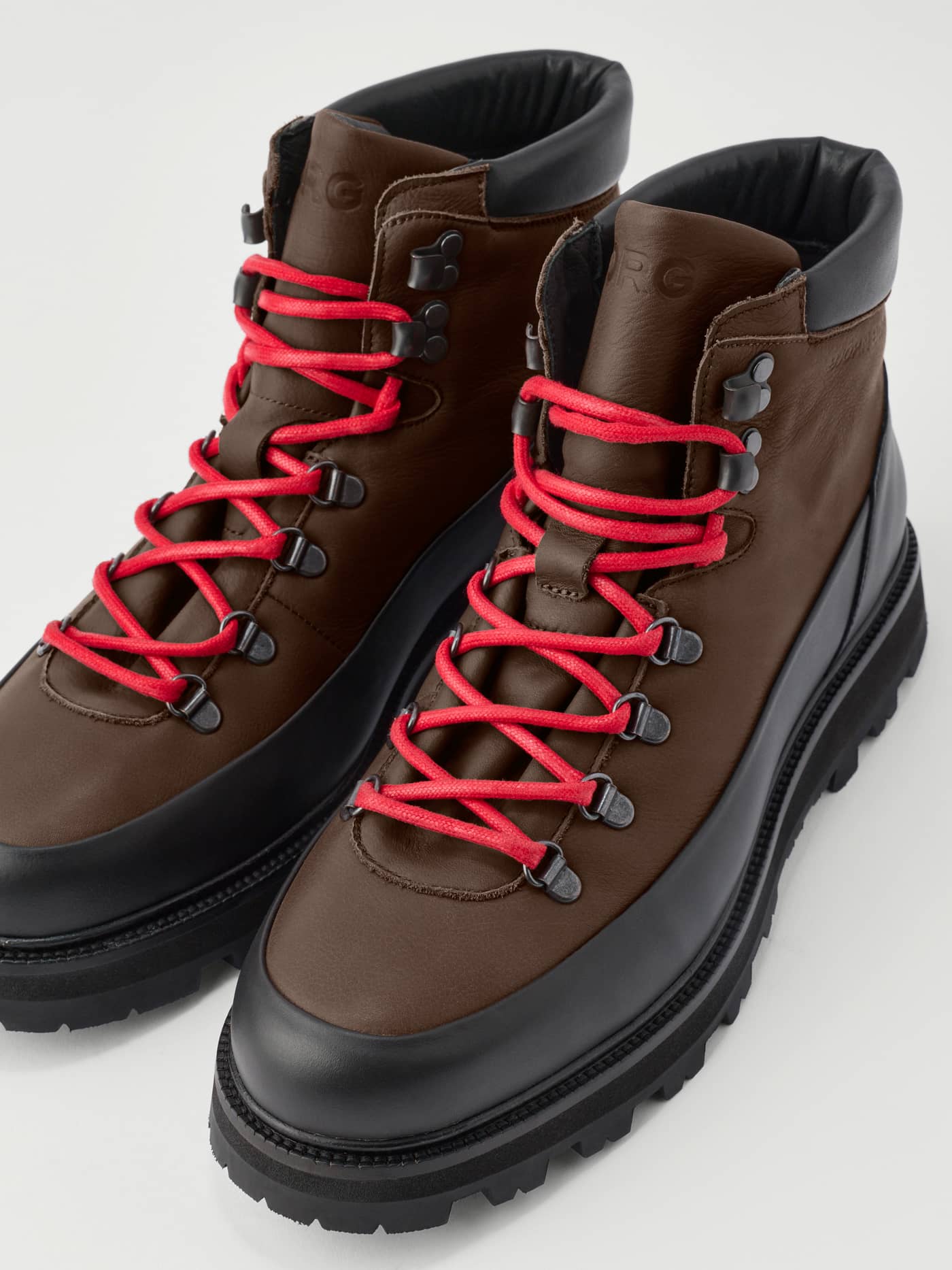 Men's Summit Vibram Boots in Brown and Black genuine leather featuring a rugged Vibram sole and striking red laces. - Image 4