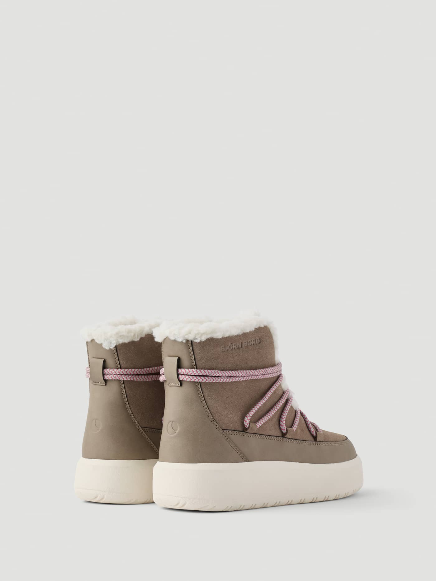Back view of Women's Wooly Lace Up Boots in Brown with pink patterned laces, wooly lining and a tonal logo. - Image 3