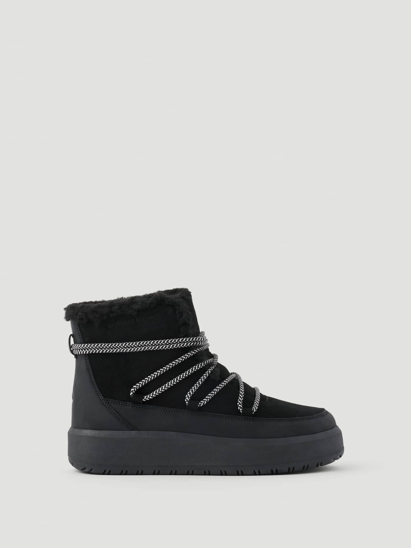 Side view of Women's Wooly Lace Up Boots in Black, featuring thick soles, faux fur trim, and patterned laces. - Image 1