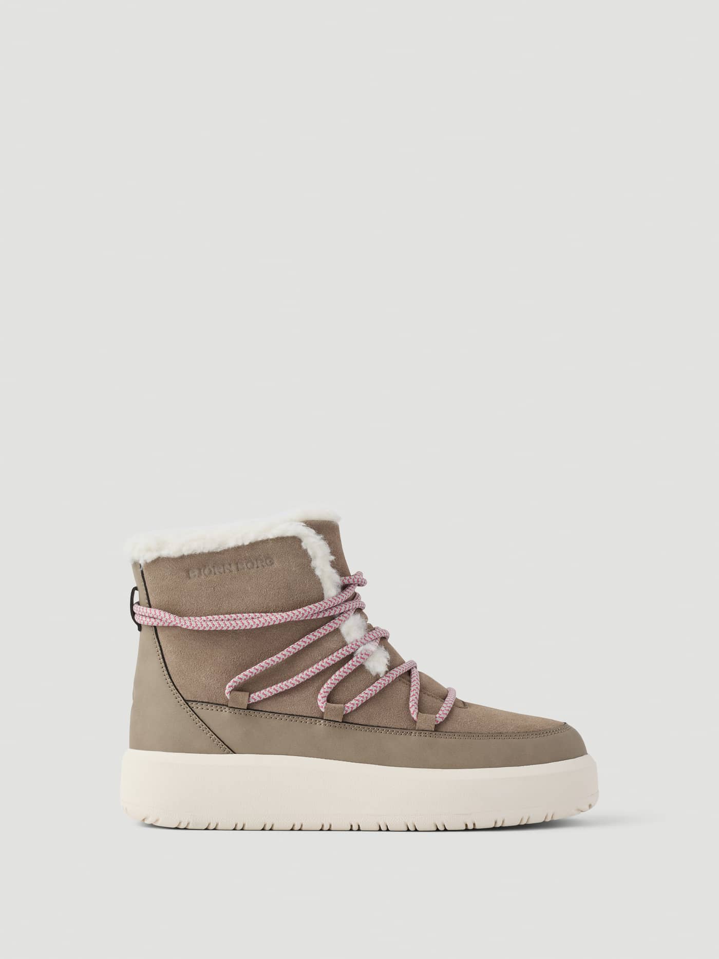 Women's Wooly Lace Up Boots in Brown featuring pink patterned laces, a warm wooly lining, and a tonal logo. - Image 1