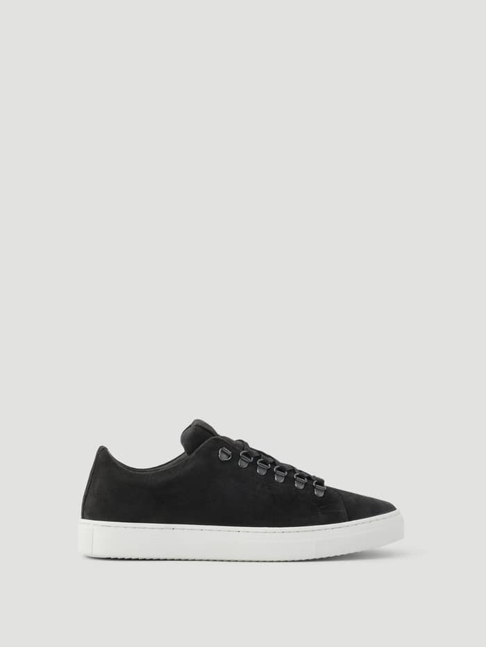 Men's Classic Suede D-Ring Sneakers in Black suede with metallic D-ring eyelets and a white sole for tennis.