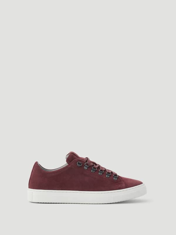 Men's Classic Suede D-Ring Sneakers in Red featuring a white rubber sole and premium suede for a tennis-inspired look.