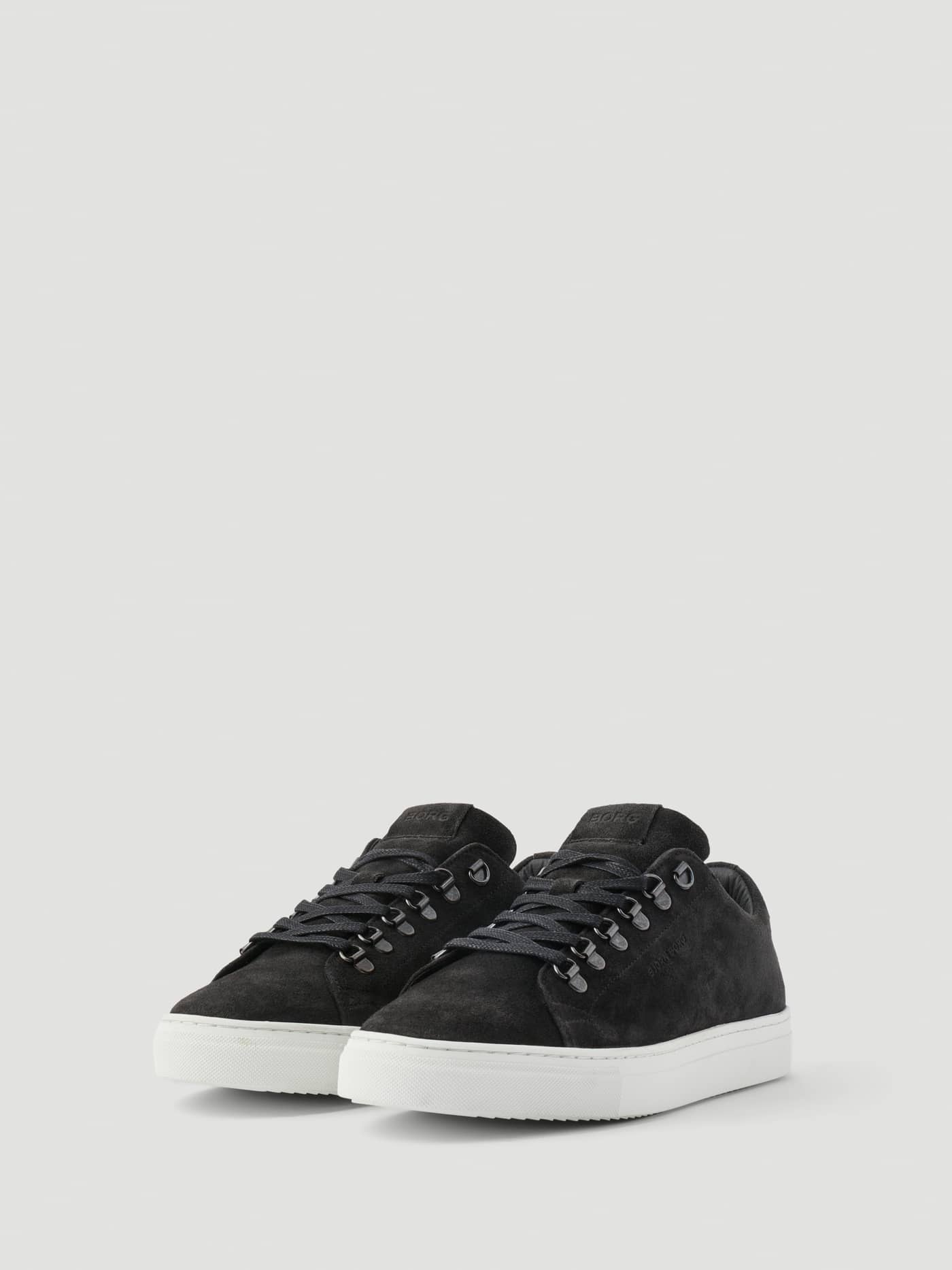 Men's Classic Suede D-Ring Sneakers in Black suede with white soles and metal eyelets for a premium tennis-inspired style. - Image 2