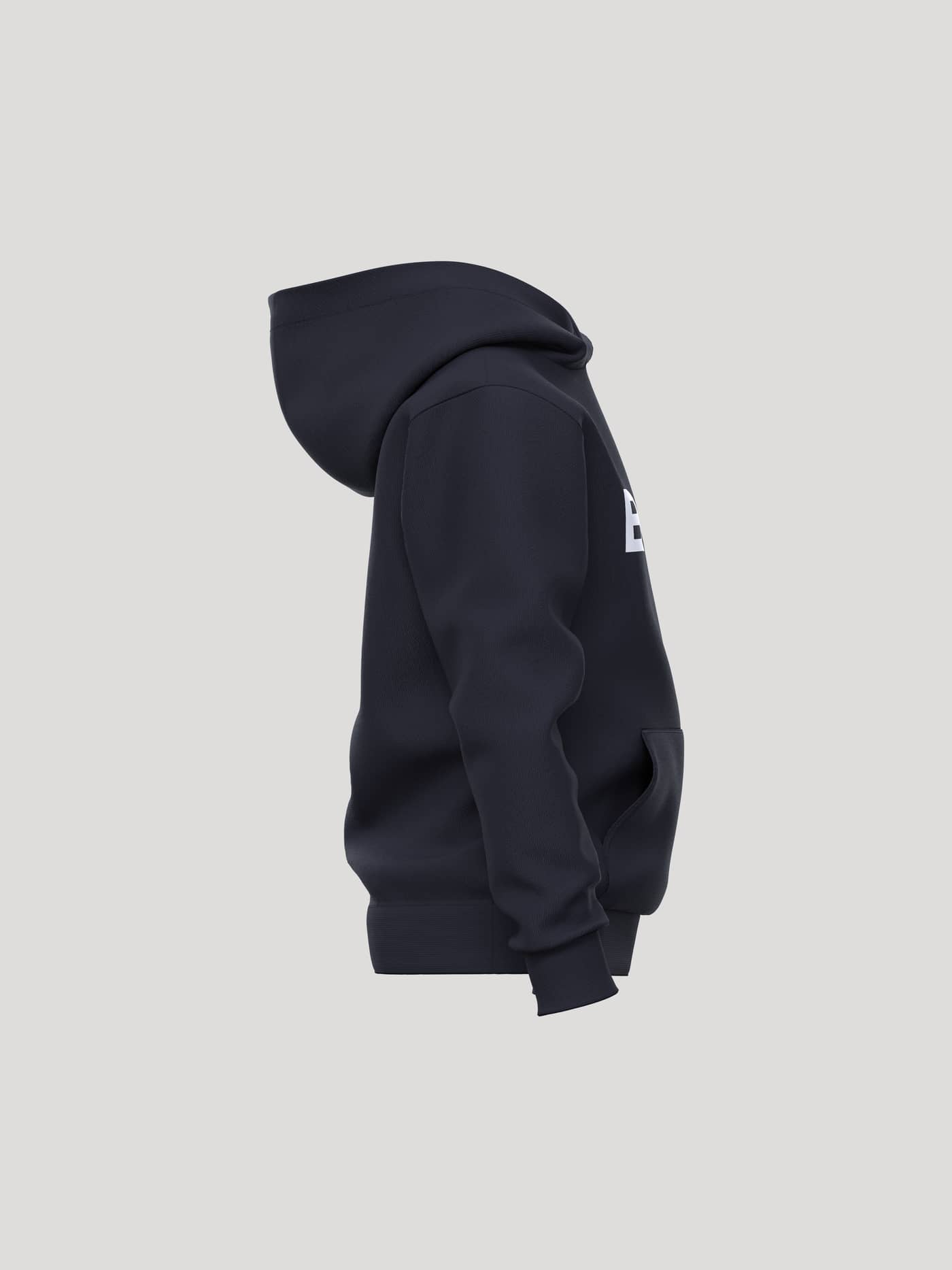 Side view of the kids Borg Essential 3 Hoodie in Night sky (Navy) featuring a kangaroo pocket and white logo detail. - Image 4