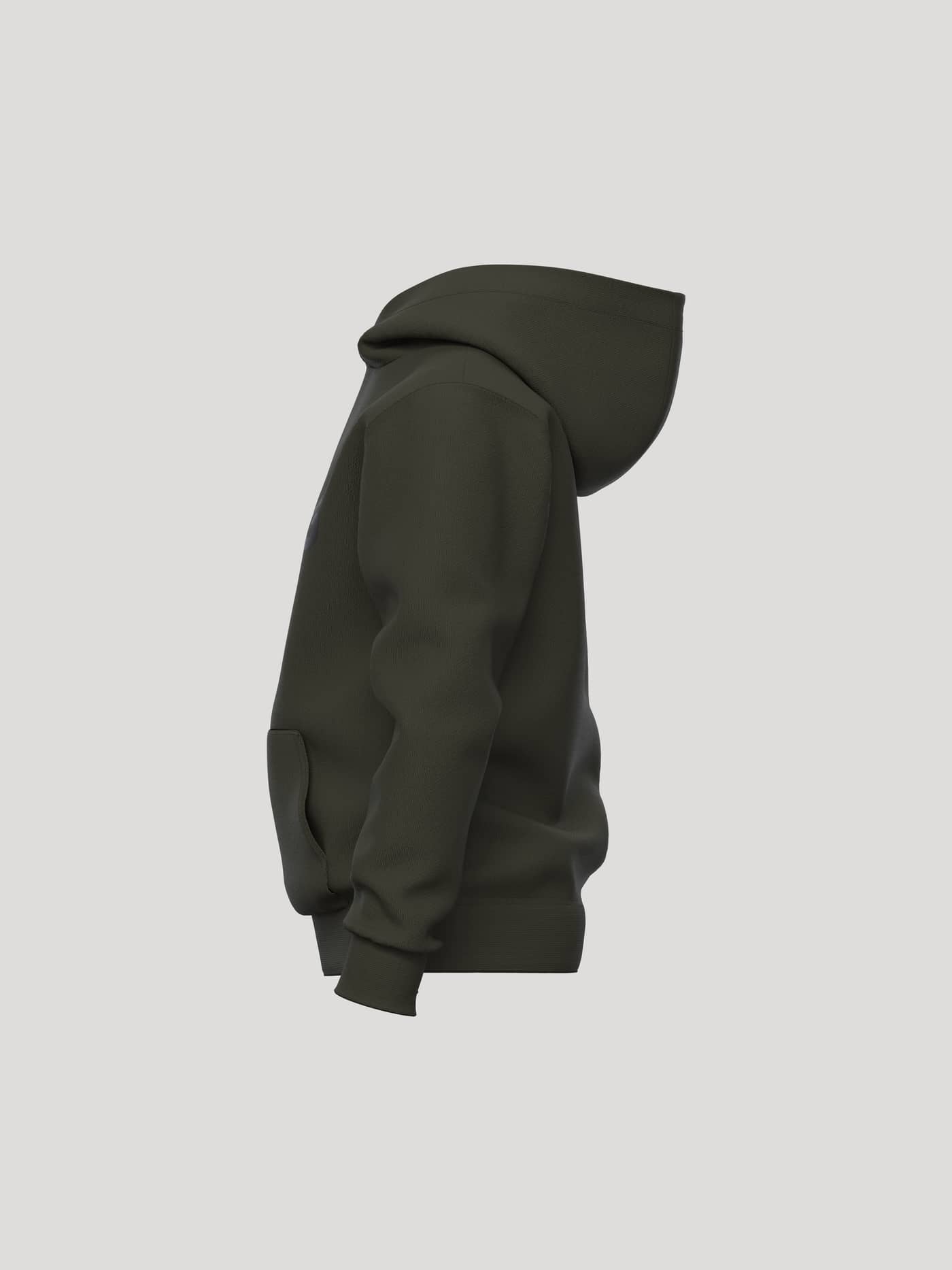 Side view of the kids Borg Essential 3 Hoodie in Forest Night (Green) featuring a kangaroo pocket and ribbed cuffs. - Image 3