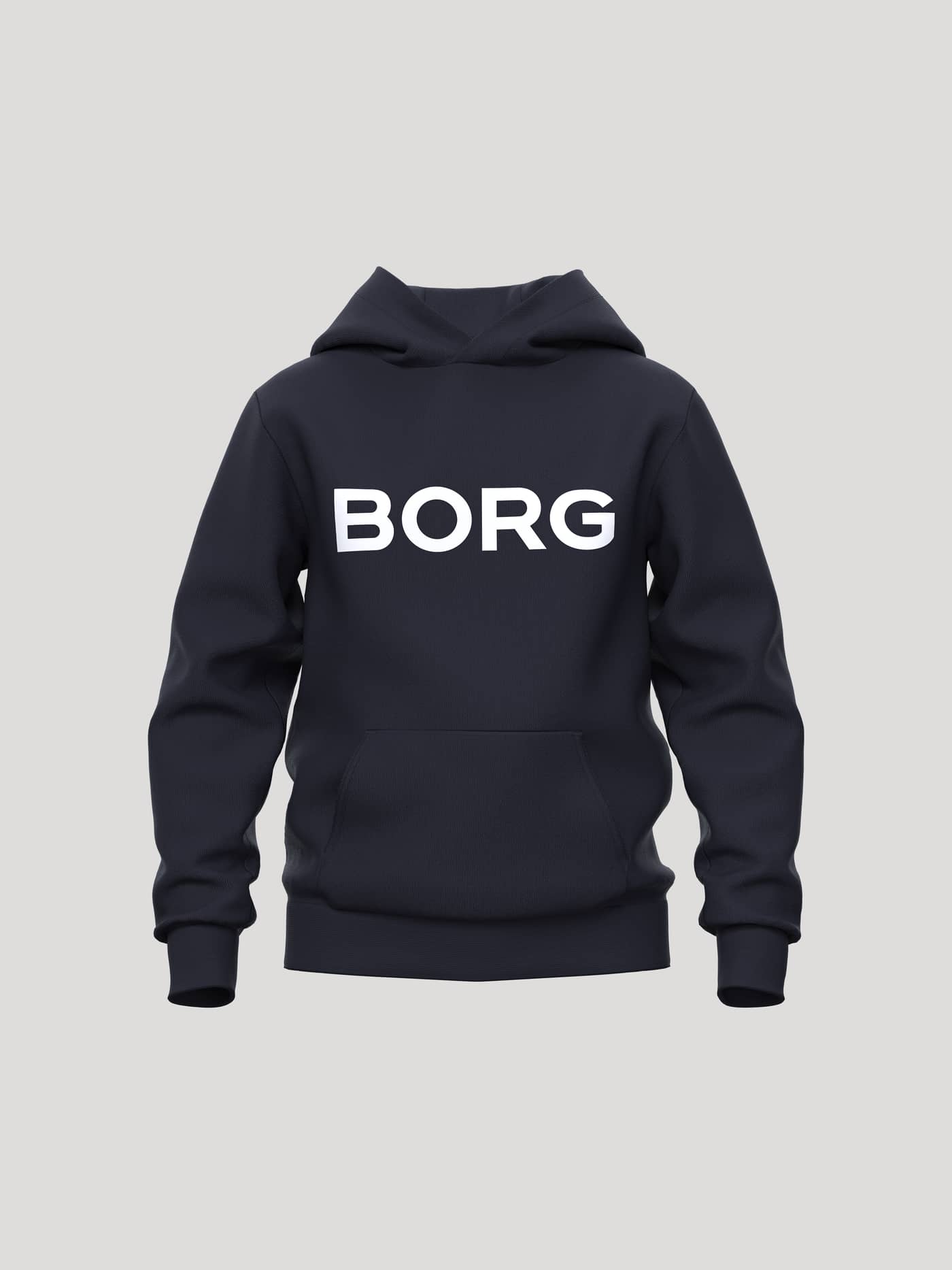 Borg Essential 3 Hoodie for kids in Night sky (Navy) with a white chest logo and kangaroo pocket, ideal for tennis. - Image 1