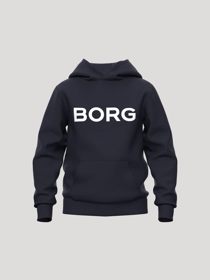 Borg Essential 3 Hoodie for kids in Night sky (Navy) with a white chest logo and kangaroo pocket, ideal for tennis.