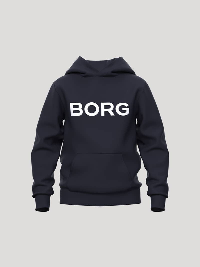 Borg Essential 3 Hoodie for kids in Night sky (Navy) with a white chest logo and kangaroo pocket, ideal for tennis.