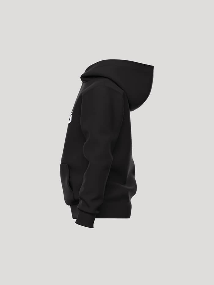 Kids' Borg Essential 3 Hoodie in Black Beauty (Black) shown in profile with a white logo and soft fleece for tennis. - Image 3