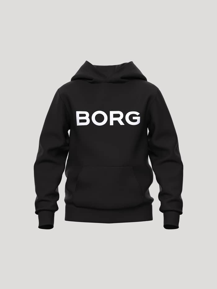 Kids Borg Essential 3 Hoodie i Black Beauty (Svart) med vit bröstlogo och känguruficka, perfekt för tennis.