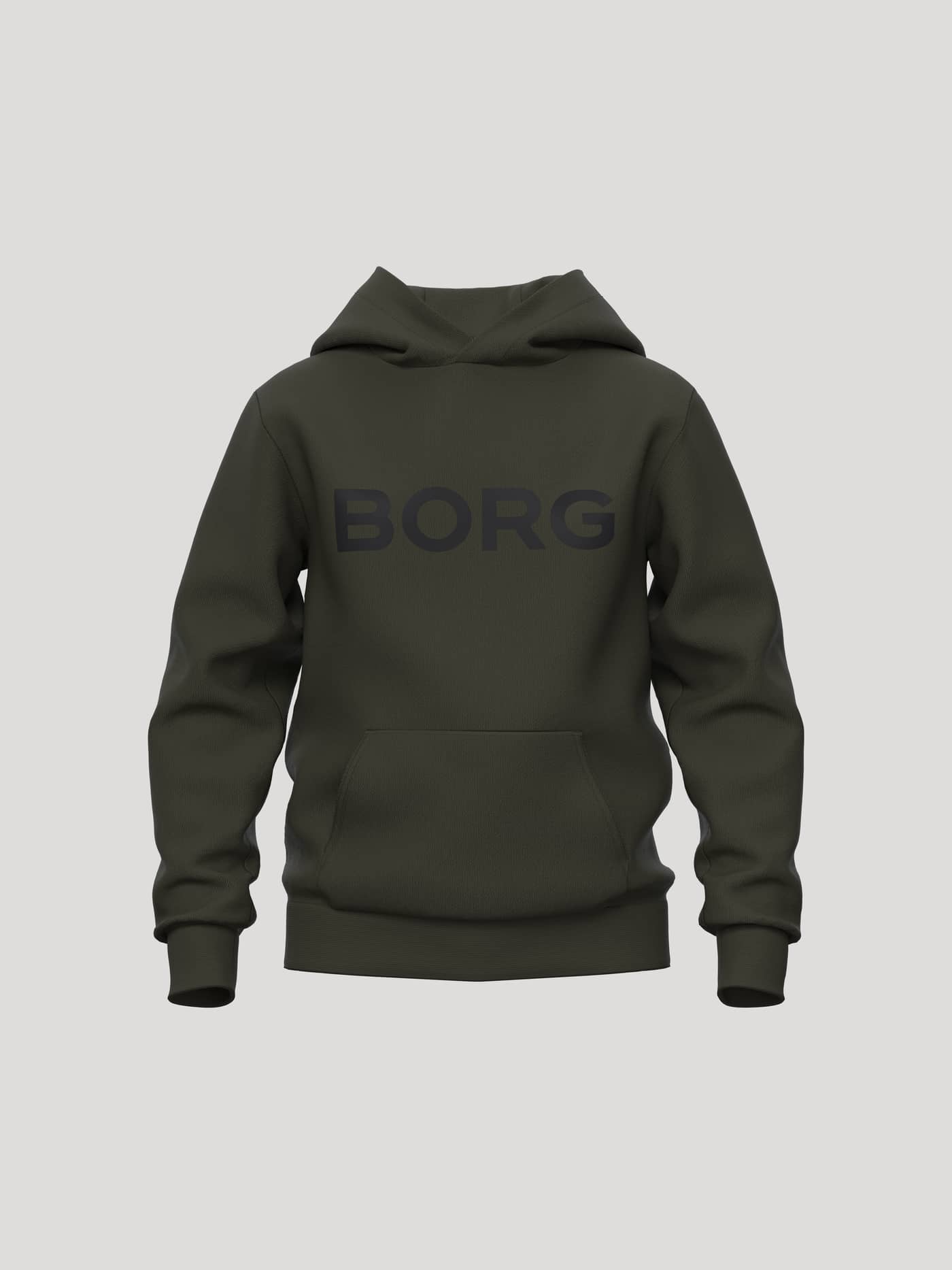Borg Essential 3 Hoodie for kids in Forest Night (Green) for tennis, featuring a black logo and kangaroo pocket. - Image 1