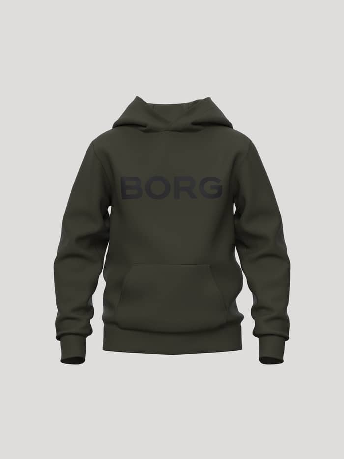 Borg Essential 3 Hoodie for kids in Forest Night (Green) for tennis, featuring a black logo and kangaroo pocket.