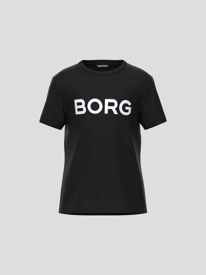 Front view of the kids Borg Essential 3 T-Shirt in Black Beauty (Black) with a white BORG logo on the chest.
