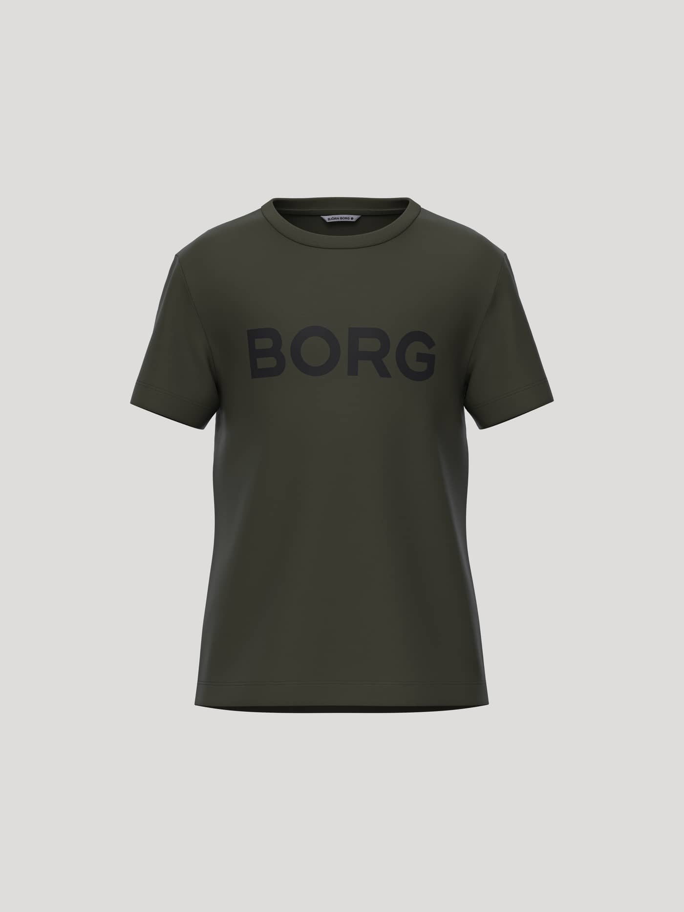Front view of the Borg Essential 3 T-Shirt for kids in Forest Night (Green) featuring a black logo on the chest. - Image 1