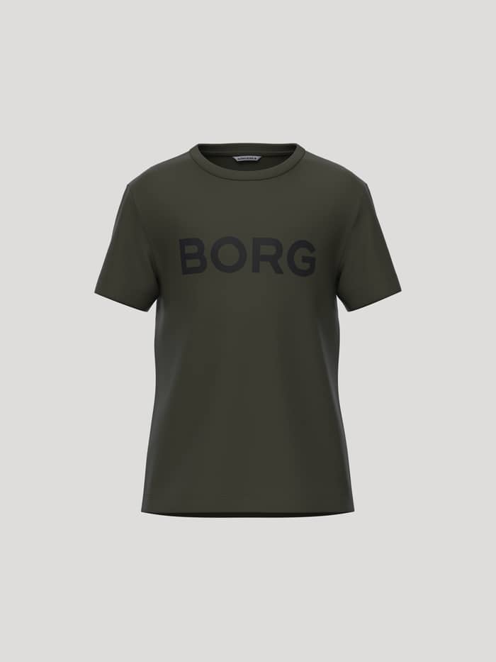 Borg Essential 3 T-Shirt i Forest Night (Grön) för barn sedd framifrån med en svart logotyp på bröstet.