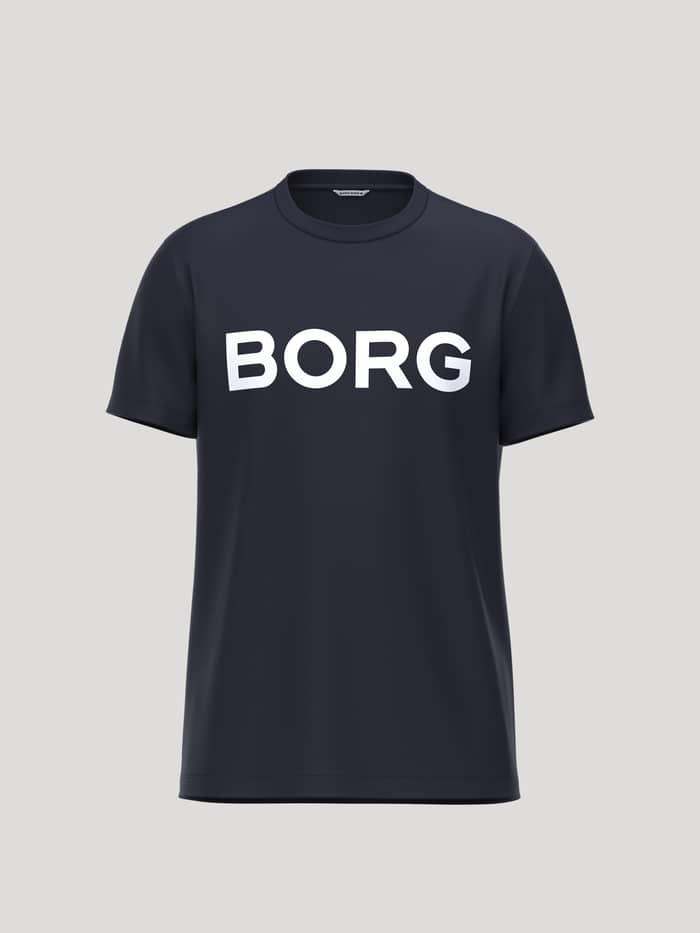 Vue de face du Borg Essential 3 T-Shirt en Night sky (Marine) avec logo blanc sur la poitrine en jersey de coton doux.