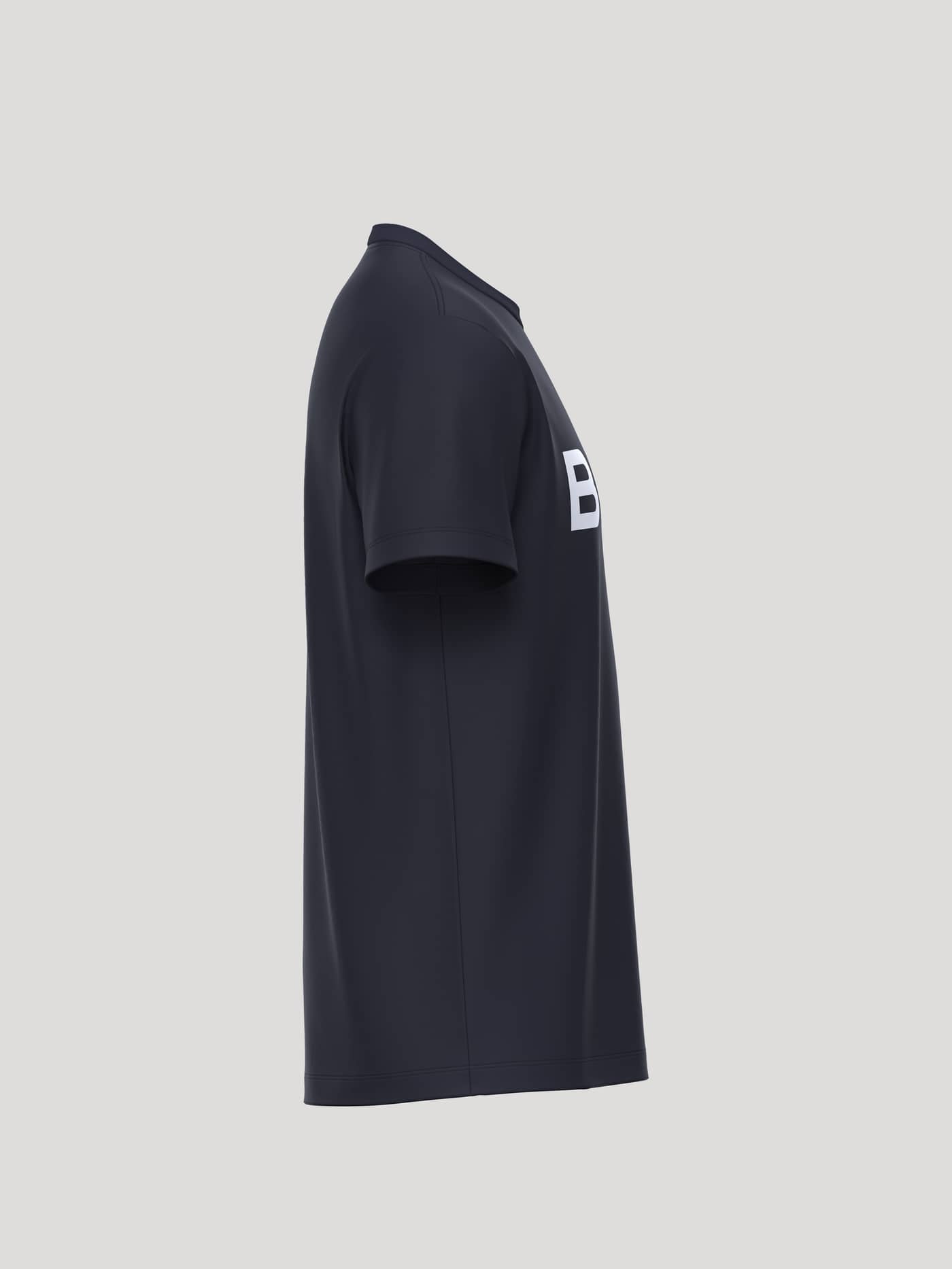 Side profile of the cotton Borg Essential 3 T-Shirt in Night Sky (Navy) with a white logo on the chest. - Image 4