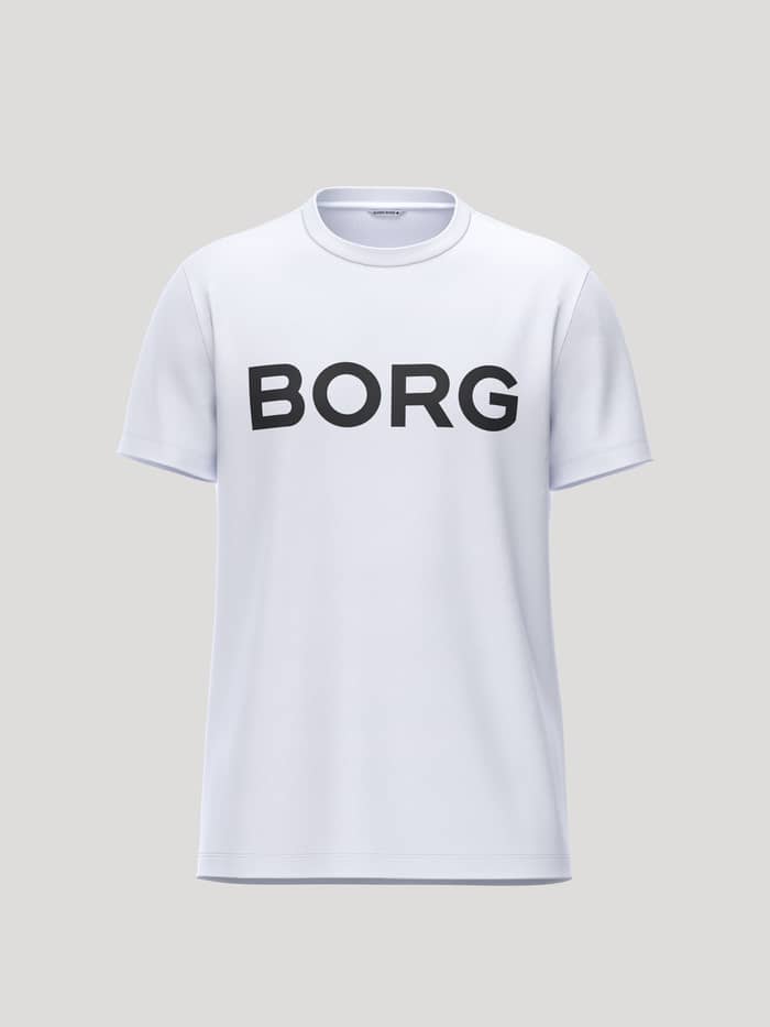 Borg Essential 3 T-Shirt in Brilliant White (White) with a black logo, made from soft cotton for tennis and leisure.