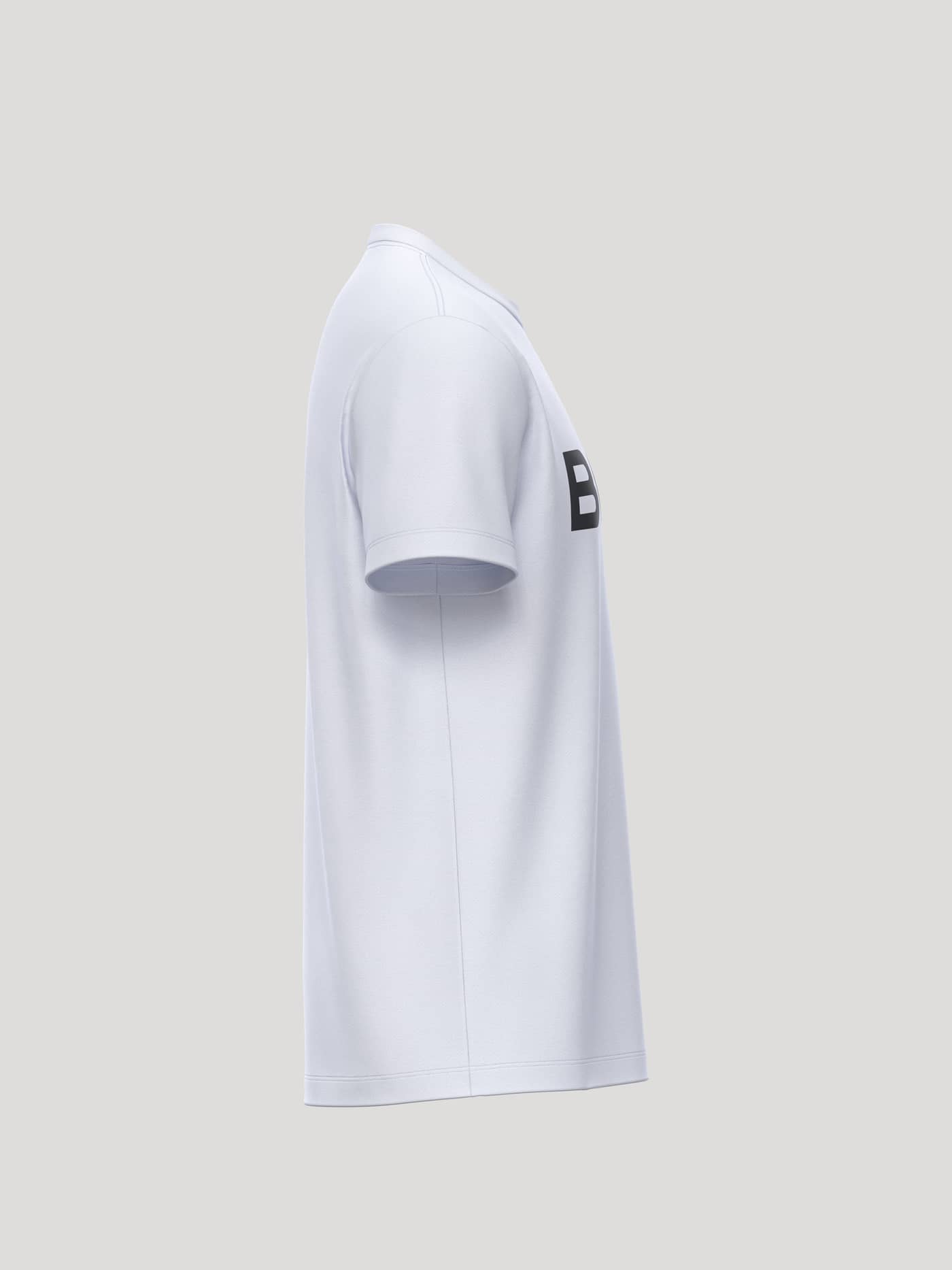 Side view of the Borg Essential 3 T-Shirt in Brilliant White (White) with a black logo and soft cotton jersey. - Image 4