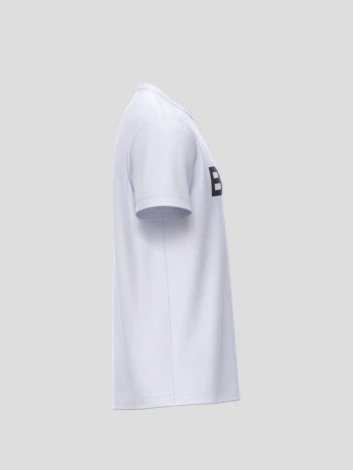 Zijaanzicht van het Borg Essential 3 T-Shirt in Brilliant White (Wit) met een zwart logo en zacht katoenjersey. - Image 4
