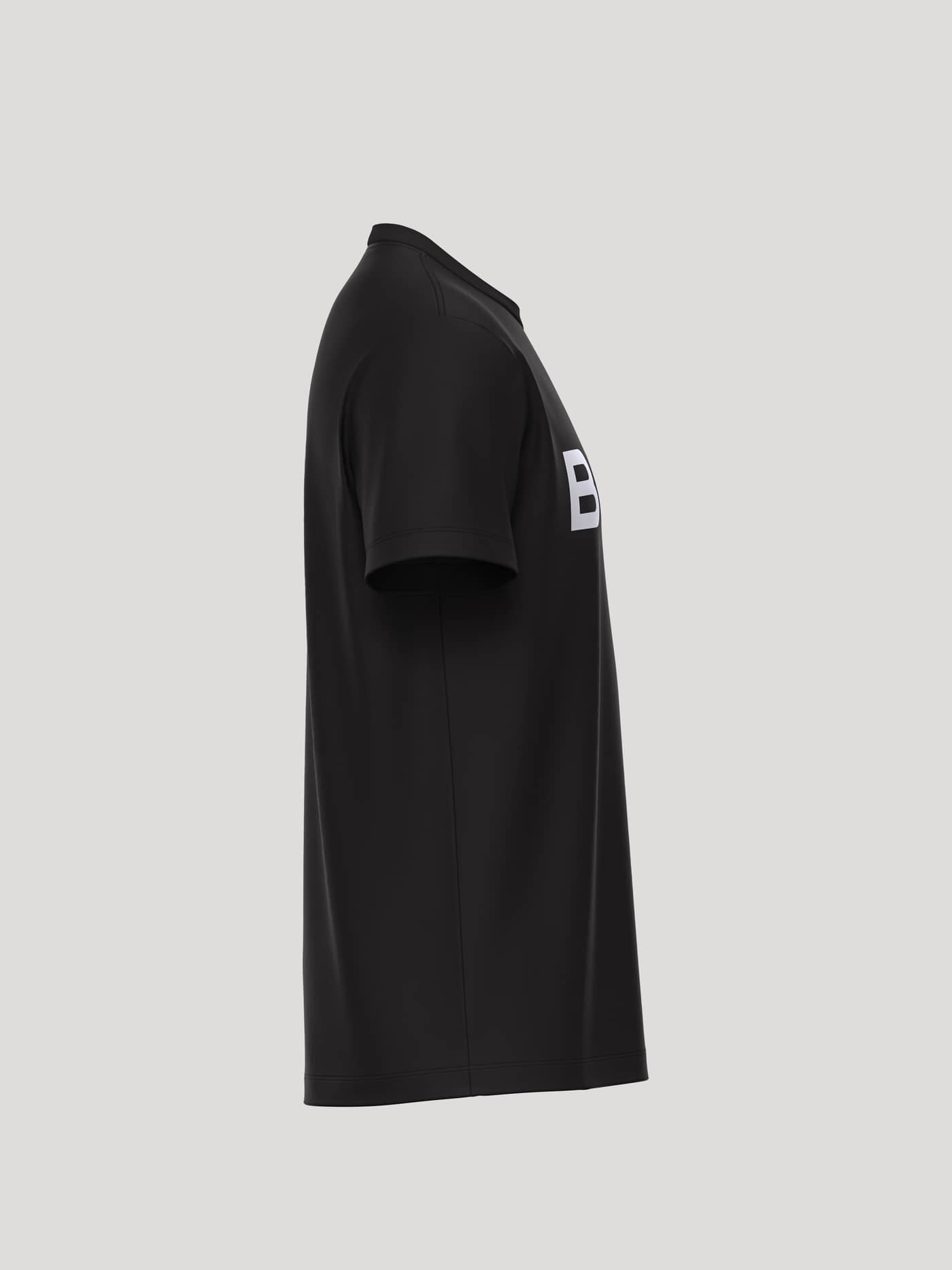 Side profile of the cotton Borg Essential 3 T-Shirt in Black Beauty (Black) showing the white chest logo. - Image 4