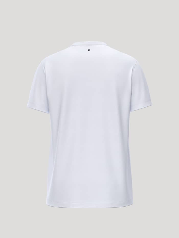 Achteraanzicht van het katoenen Borg Essential 3 T-Shirt in Brilliant White (Wit) met een tennisbalprint in de nek. - Image 2