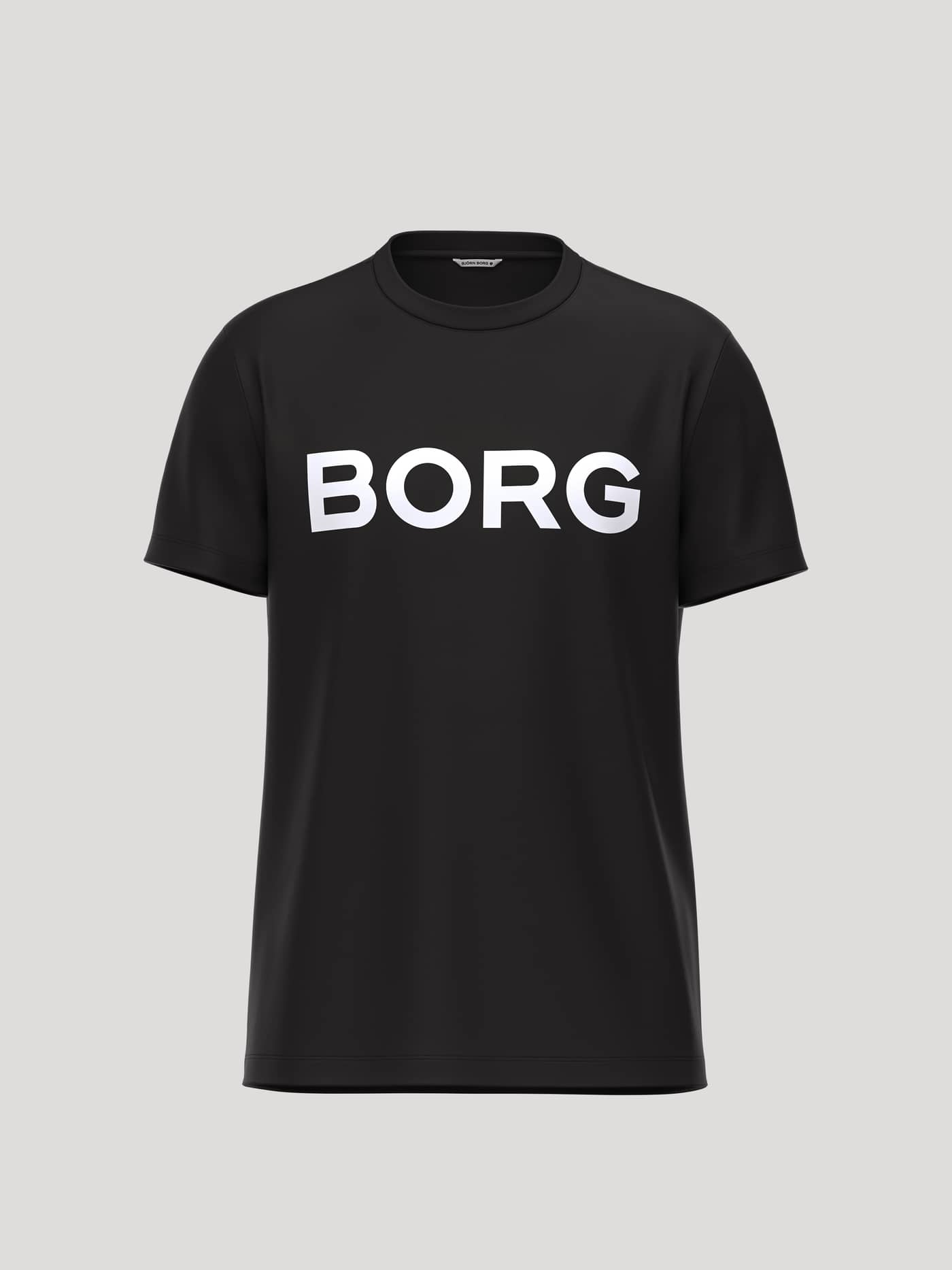 Front view of the cotton Borg Essential 3 T-Shirt in Black Beauty (Black) with a white logo and tennis-inspired details. - Image 1