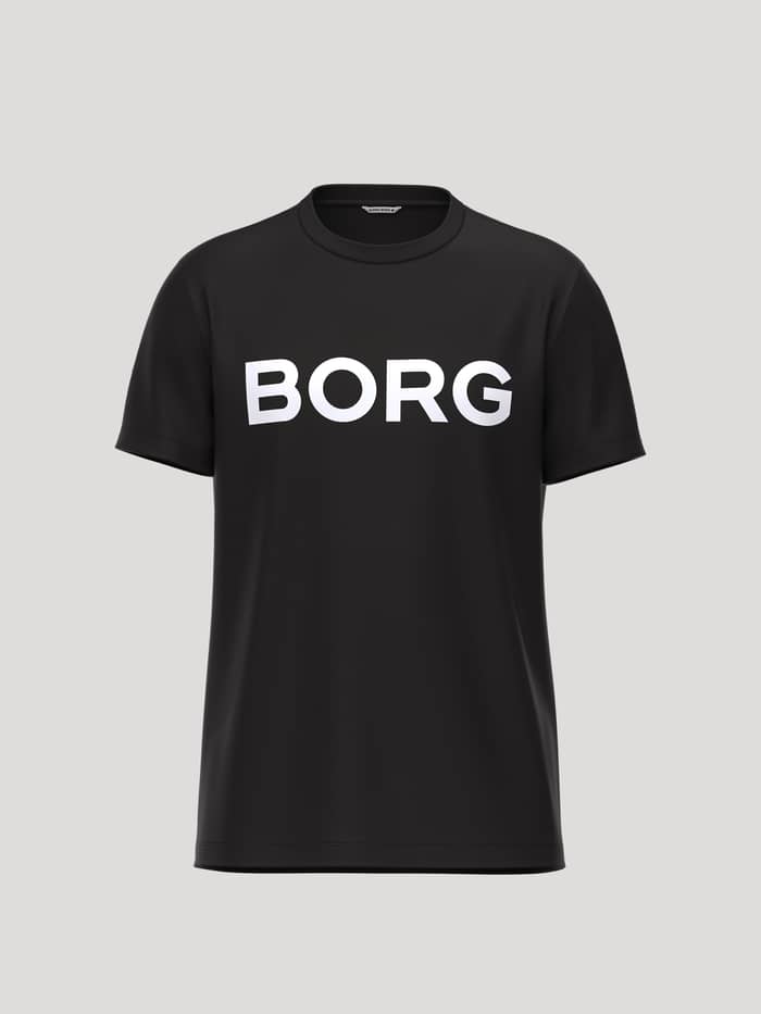 Front view of the cotton Borg Essential 3 T-Shirt in Black Beauty (Black) with a white logo and tennis-inspired details.
