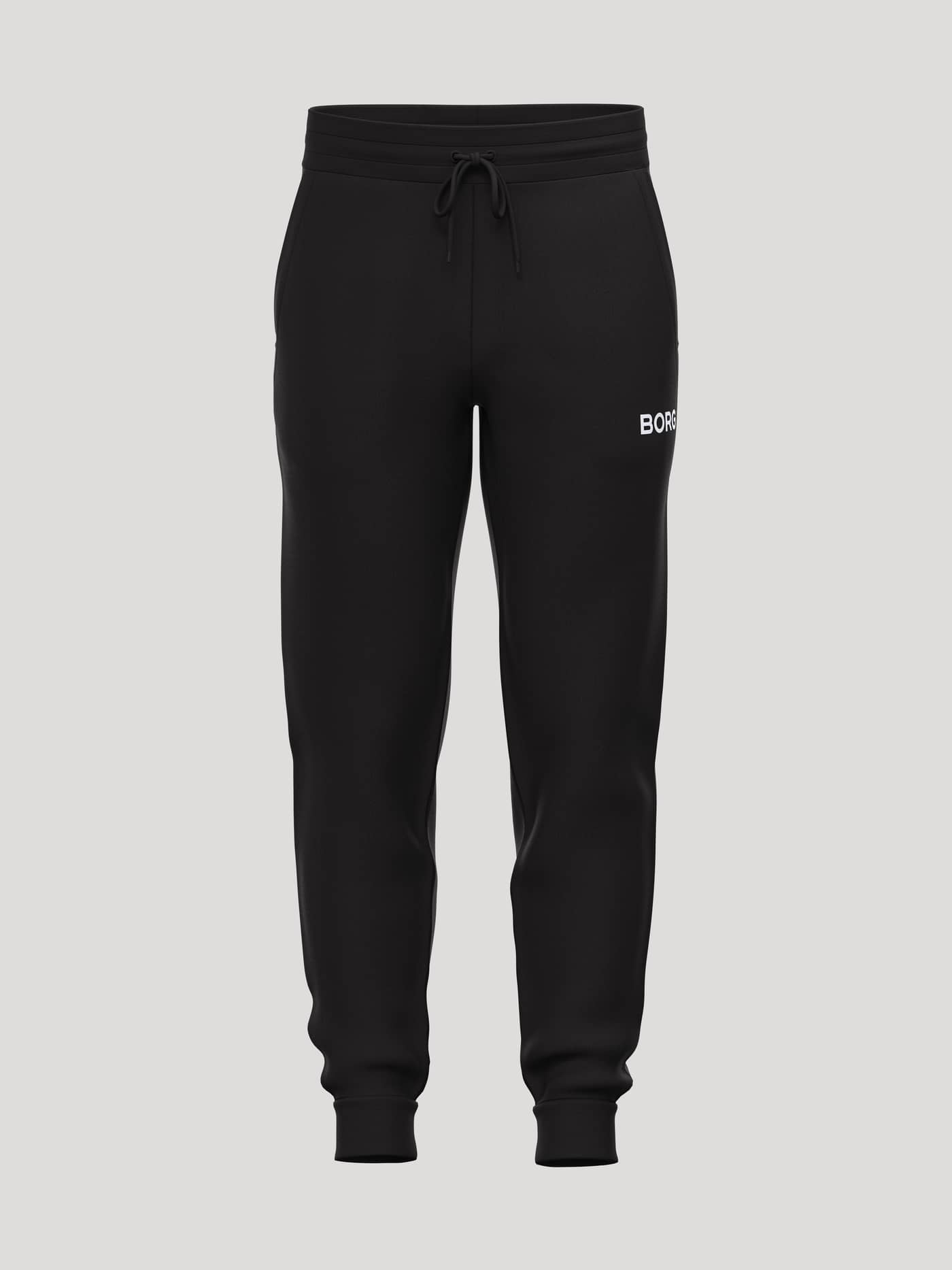 Borg Essential 3 Tapered Sweatpants i Black Beauty (Svart) sedda framifrån med vit logotyp och mjuk borstad fleece. - Image 1