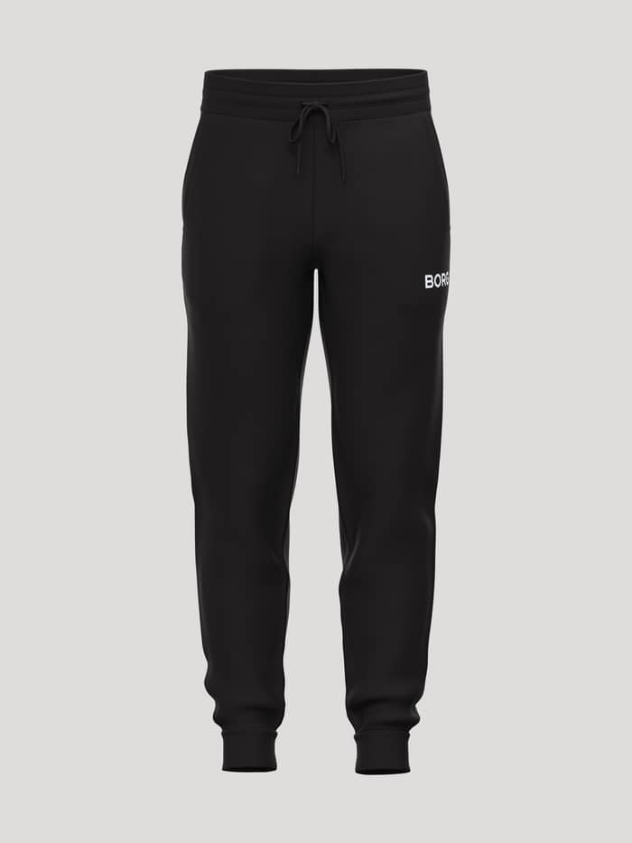 Borg Essential 3 Tapered Sweatpants in Black Beauty (Black) featuring a white logo and soft brushed fleece for comfort.